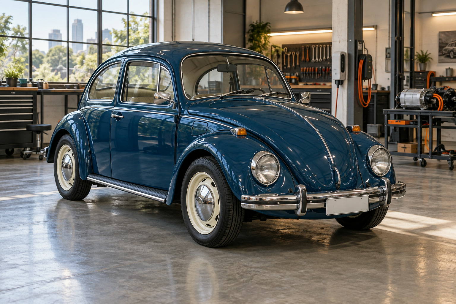 Fusca 1972 azul-petróleo dentro da oficina, com lataria e rodas de aba branca originais.